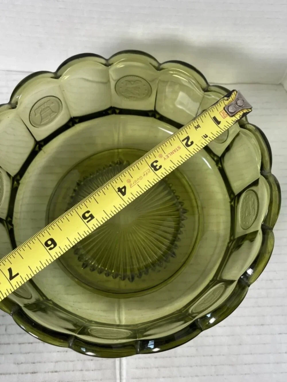 Vintage Fostoria Coin Glass Olive Green Large Bowl 7.25”